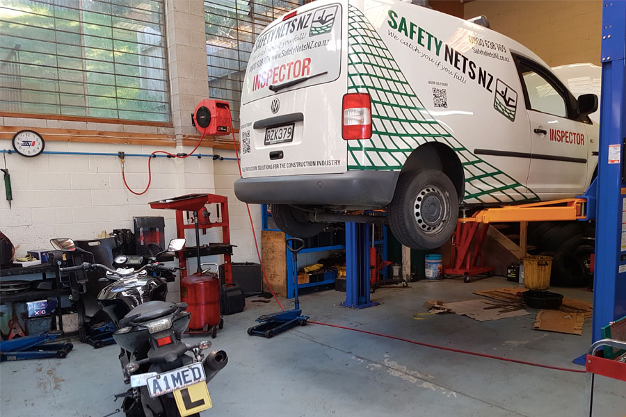 A van on the hoist in the Rolch Automotive workshop in Glenfield